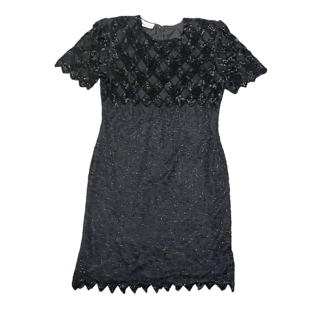 Laurence Kazar Vintage Black Beaded Sequin Cocktail Dress Scalloped Hem Sz L